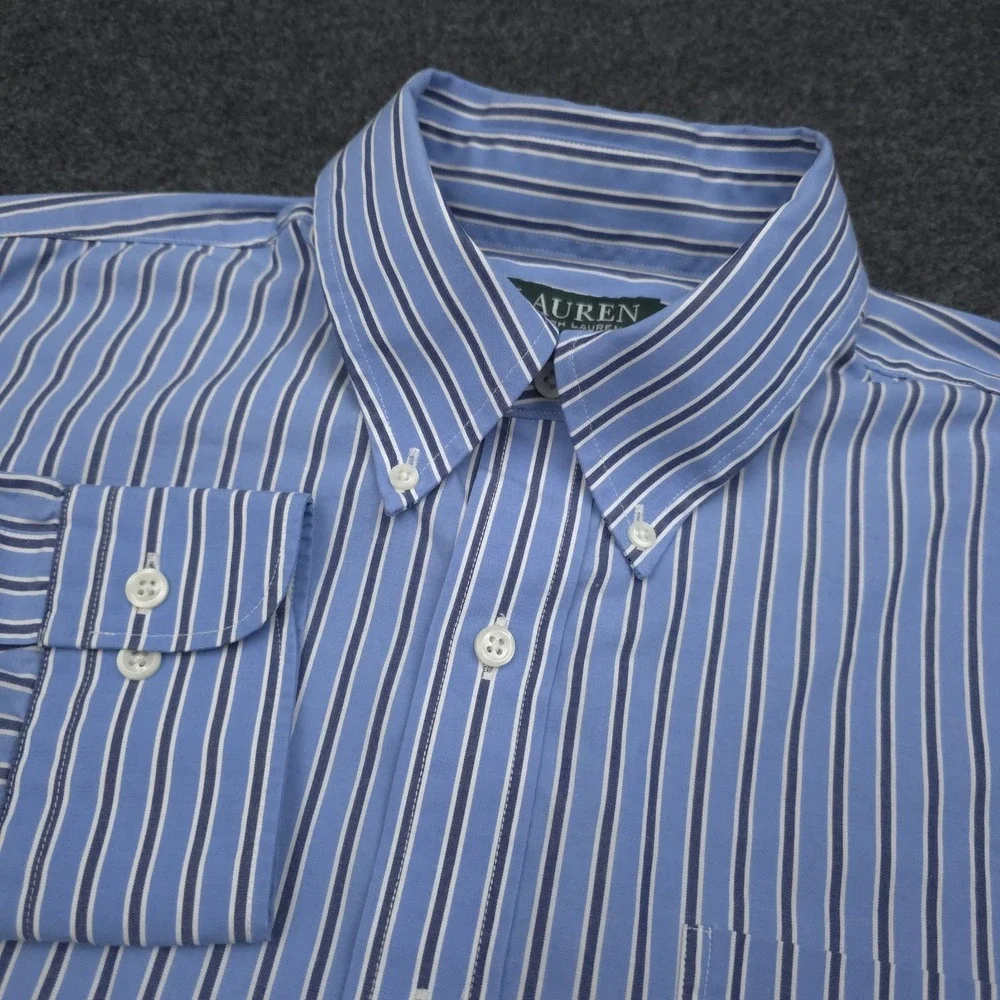 Lauren Ralph Lauren Mens‎ 16.5 34/35 Blue Striped Classic Fit Button Down Shirt